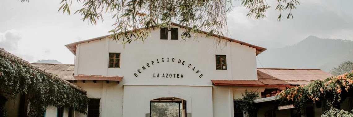 Charming historic building of Beneficio de Cafe La Azotea surrounded by lush greenery and cobblestones.